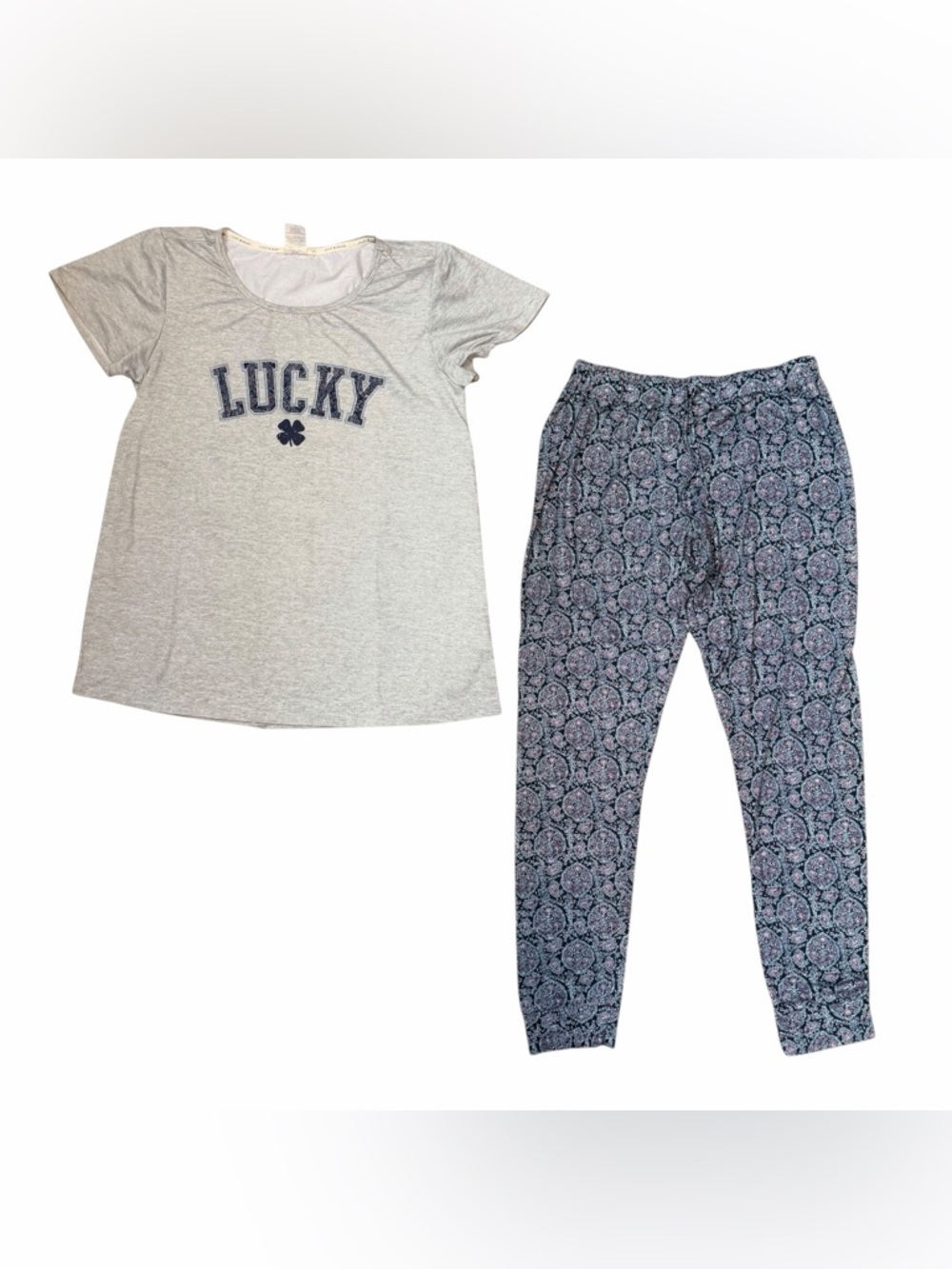Lucky Brand Women Pajama Set Pants & Short Sleeve Paisley Blue Gray Medium Soft